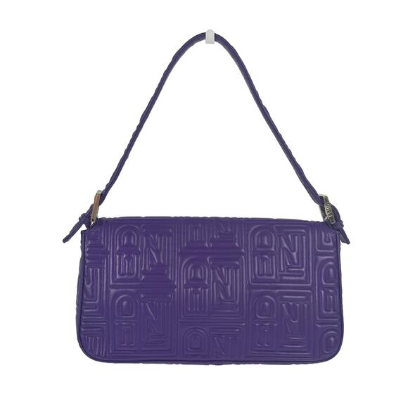 Fendi Purple Nappa Embossed Logo Leather Shoulder Baguette Bag - Picture 3 of 11